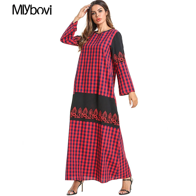 

Elegant Red Patchwork Maxi Dress 2019 Muslim Abaya Kimono Long Robe Gowns Lace Plaid Jubah Ramadan Middle East Islamic Clothing