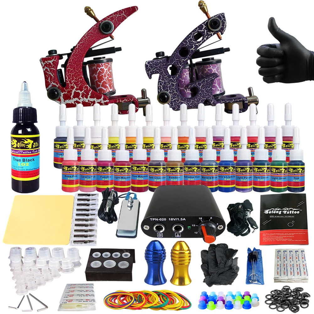 

Hybrid Complete Kit For Tattoo Liner and Shader Beginner Power Supply Foot Pedal Grips Needles Ink Set Tattoo Body&Art TK204-39