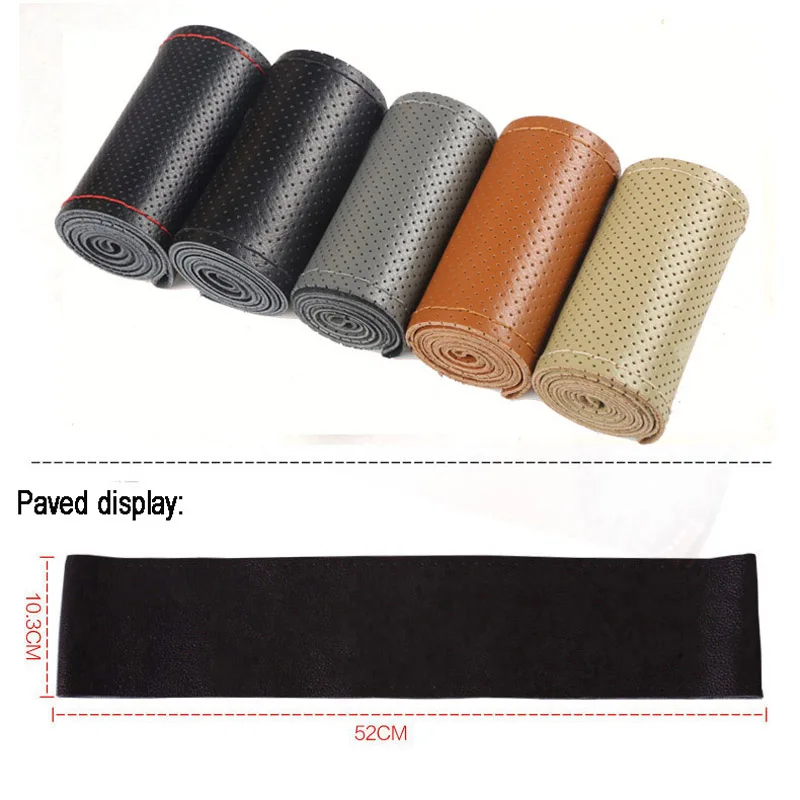 Black-DIY-Genuine-Leather-Cowhide-Car-Steering-Wheel-Cover-Hole-Braid-On-The-Steering-Wheel-319