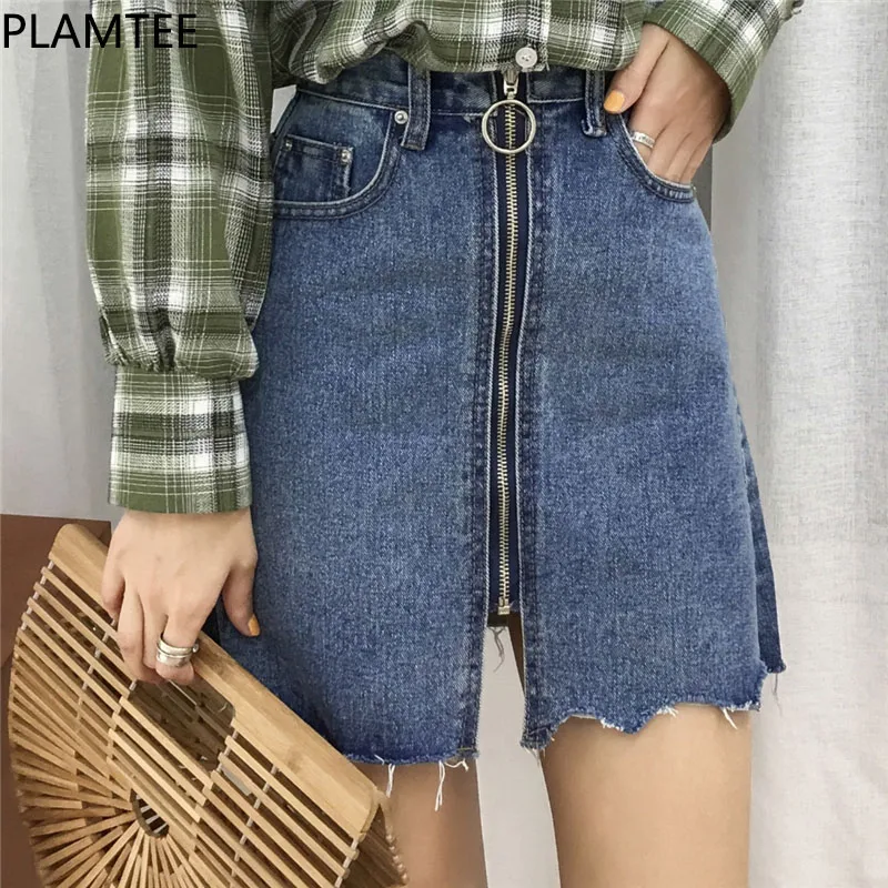 PLAMTEE 2018 New Front Zipper Jeans Skirts Female with High Waist Slim
