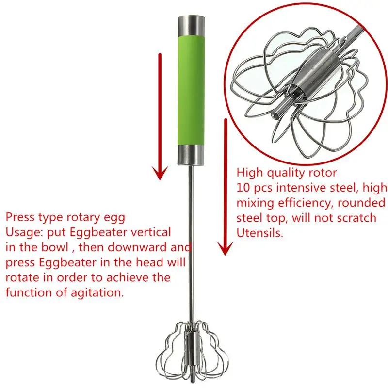 Honana Manual Self Turning Stainless Steel Miracle Push Magic Whisk Egg Beater Speed Kitchen Tool