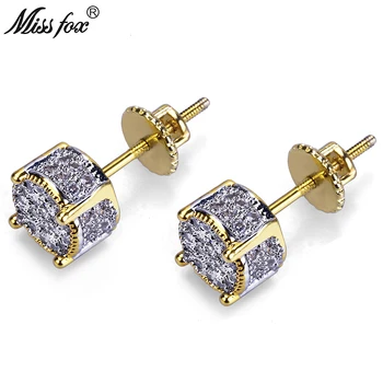 

MISSFOX Hip-Hop 24K Gold Plated Cz Men's Earrings Studs Fashionable Round Cubic Zirconia Jewellery Piercing Male Earring Gifts