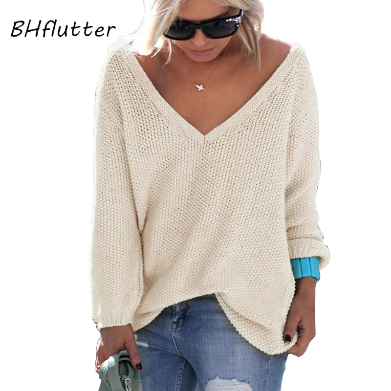 Goedkoop BHflutter Vrouwen Truien en Pullovers 2018 Fashion v hals Dunne Gebreide Trui Vrouwelijke Casual Herfst Winter Jumpers Knitwear Top
