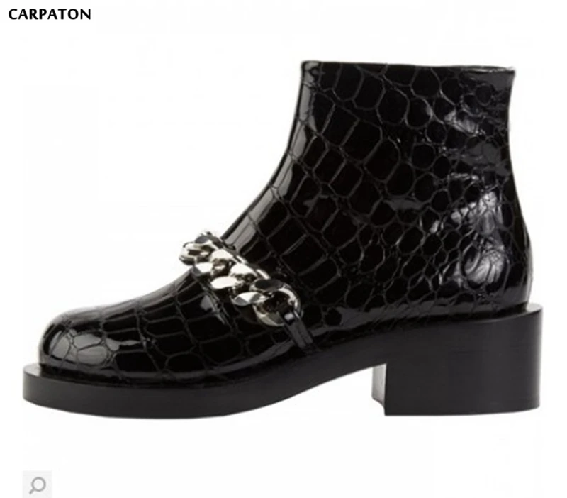 

Carpaton 2018 Newest Stone pattern Short Boots Fashion Metal Chain Round Toe Square Heels Winter Side Zipper Women Shoes