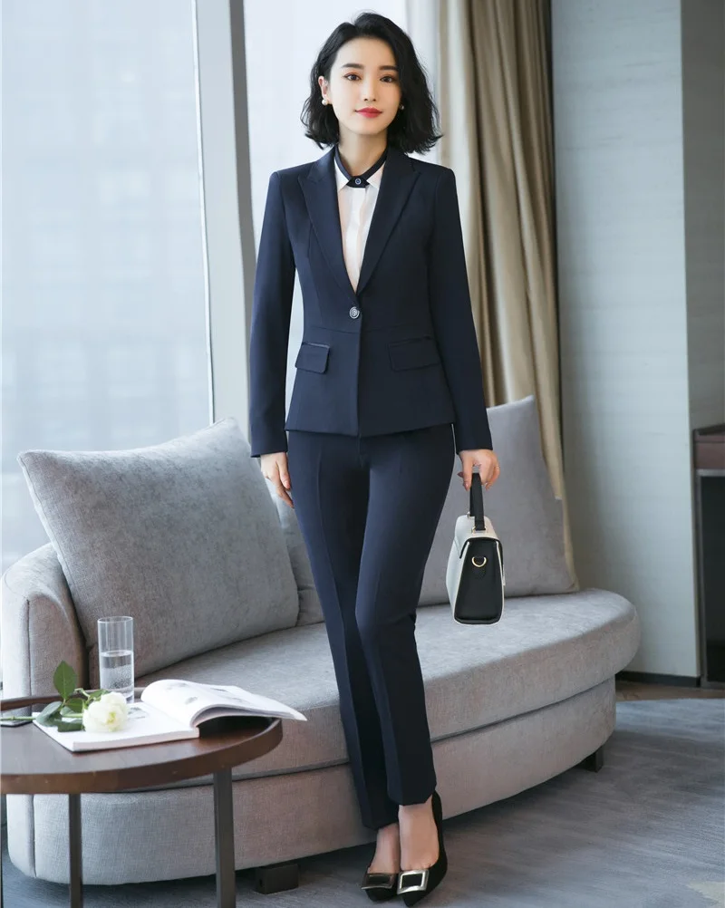

Formal Ladies Pant Suits for Women Work Wear Suits with Pant and Jacket Set Elegant Navy blue Blazer