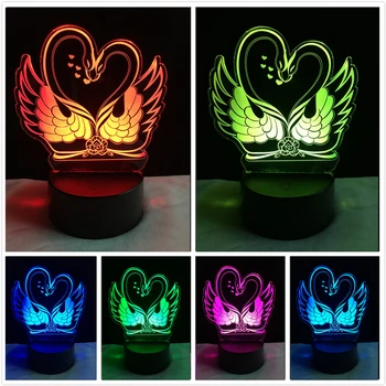 

Romatic Double Swan Heart 3D Visual Illusion 7 Color Party Holiday Table Decor Lamp Valentine's Day Present Gifts Drop Shipping