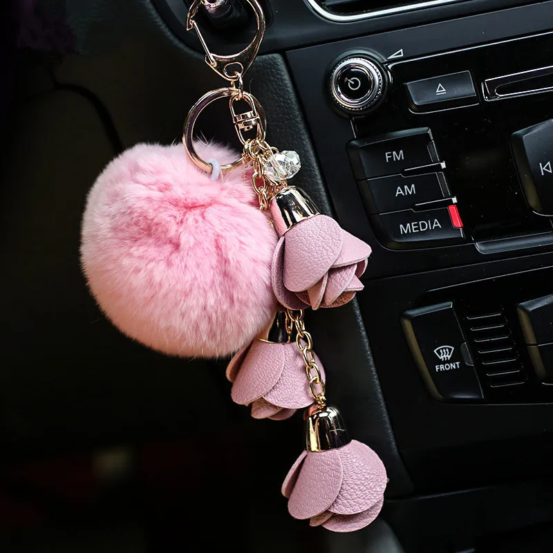 

Luxury Purse Charm 8cm Rex Rabbit Fur Pom poms Ball Keychain Keyring Pendant Key Chains 3 Leather Flower Gold Metal Key Holder