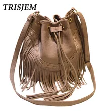 Vintage Tassel Bucket Bag Women 2017 Fashion PU Leather Shoulder Bags Black Brown Pink Gray Female Drawstring Crossbody Bag
