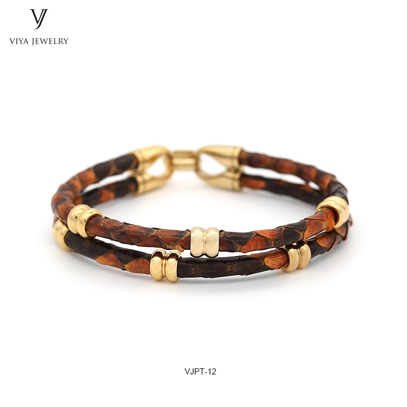 

Men Charms Two Round Brown Python Leather Bracelet With Gold Color Stainless Steel Beads Clasp Best Gift For Match Up With Watch