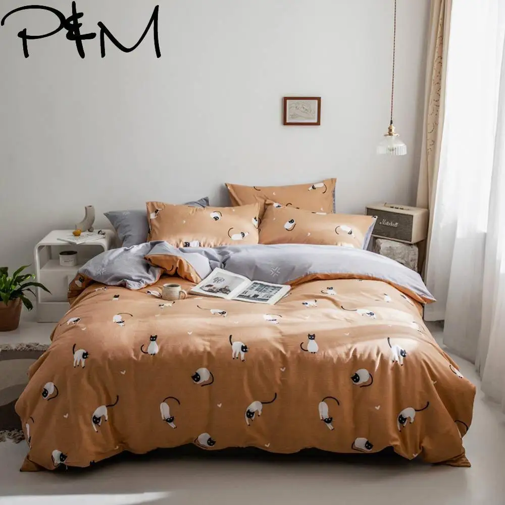 

Papa&Mima white cat print Cartoon style bedding set Cotton bedlinens Twin Queen King size pillowcases duvet cover sets