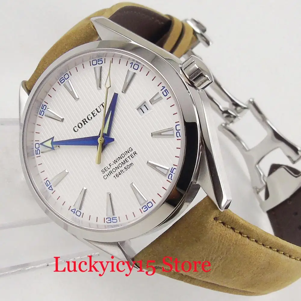 

CORGEUT Brand High Quality 41mm White Dial Automatic Men's Watch Sapphire Crystal Auto Date Camel Strap Bracelet Clasp