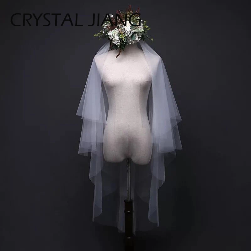 

White Ivory Short Bridal Veils Raw Edge Elegance Simple 4 Layers