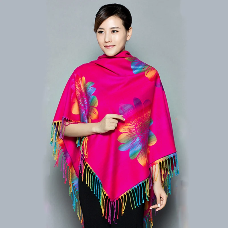 

New Autumn Winter Thick Lady Large Size Square Scarf Shwals Pashmina Tassel Cashmere Double Jacquard Women Scarf Green Scarves