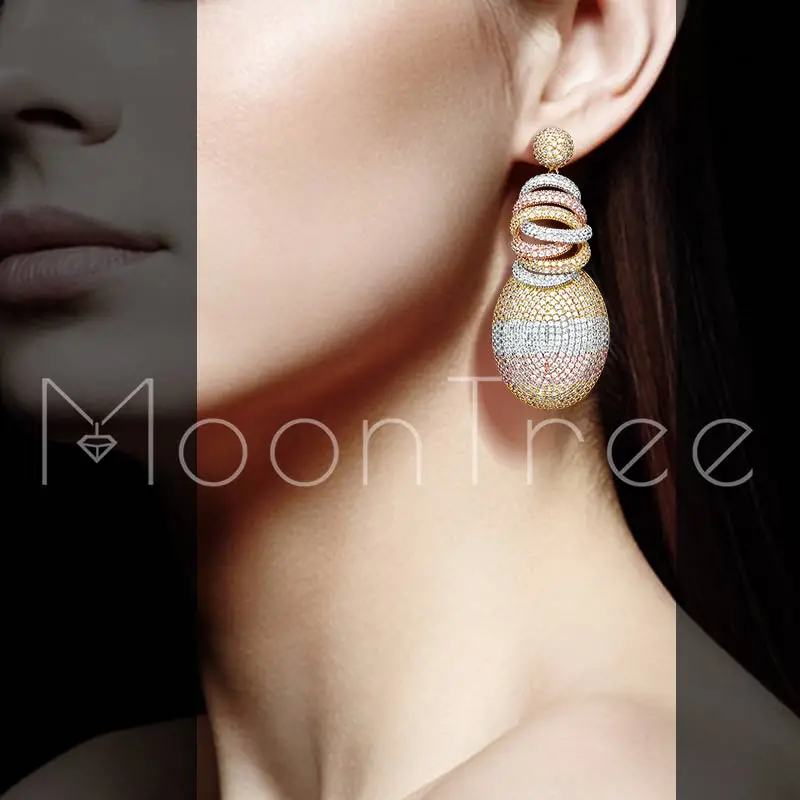 

MoonTree 63mm Luxury Flower Fashion AAA Cubic Zirconia Woman Ladies 3Tone Dubai Wedding Copper Jewelry Dangle Earring Pendiente