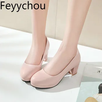 

Women's Pumps Med Heels Shoes Spring Autumn Pu Pearl Round Toe Sexy New Fashion Casual Office Party Wedding Beige Pink Black