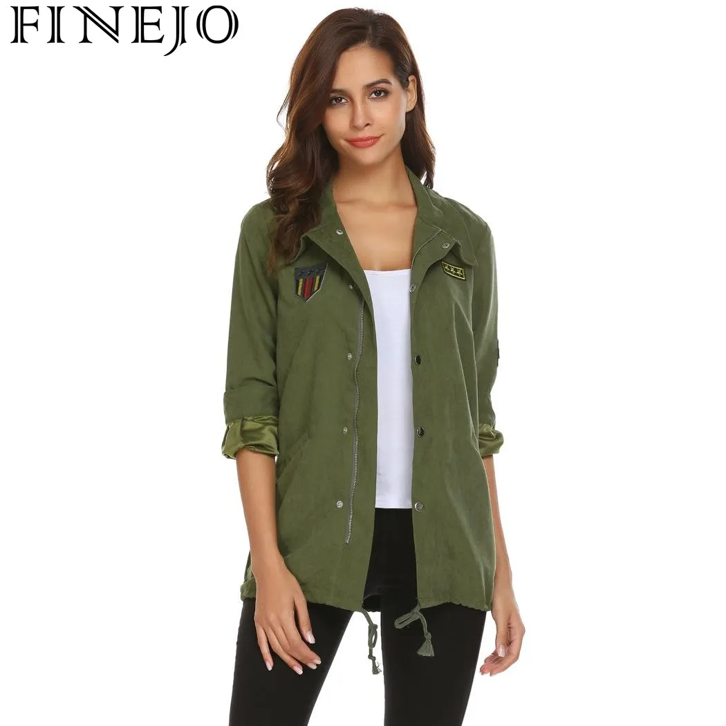 astounding  FINEJO women Jacket Outwear Autumn Spring Drawstring Coat Long Sleeve Feminino Casaco Solid appliqu