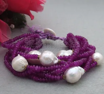 

B060111 10Strand 18MM White Keshi Pearl Purple Faceted Stone Bracelet