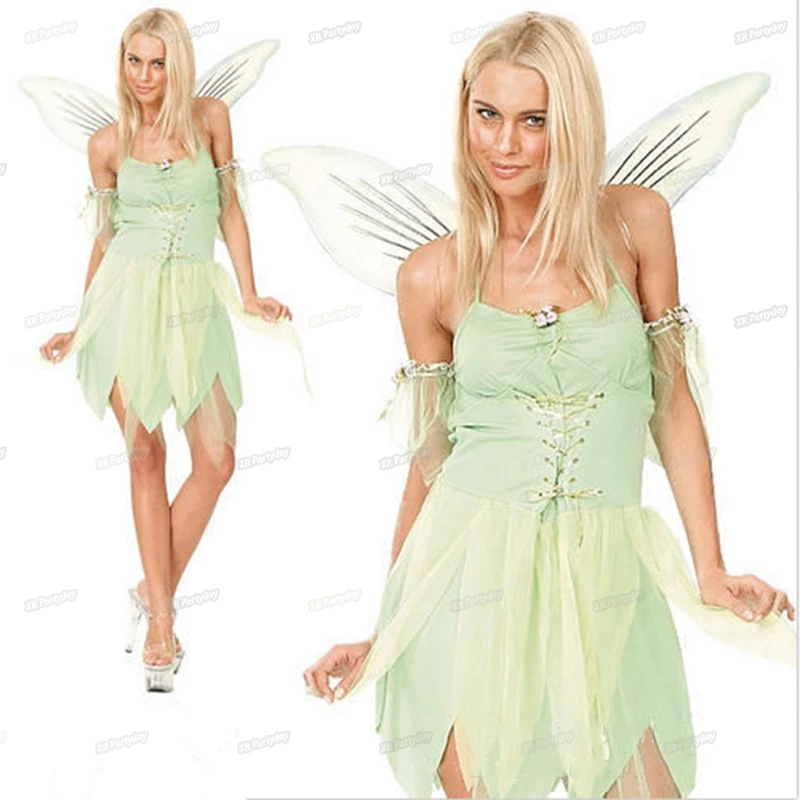 

Women Flower Fairy Dress Green Elf Sprite Halloween Cosplay Tutu Dress Clothes Christmas Costume with wing