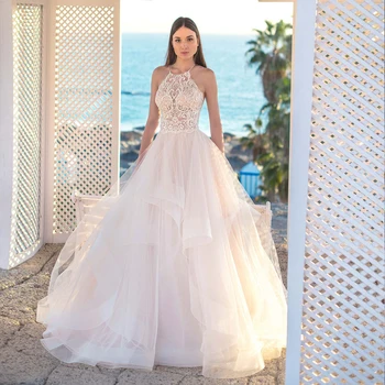 

Charming Sheer Neck Bohemian Wedding Dresses Vestidos de Novia White/Ivory Tulle Appliqued Customized Lace Bridal Gown 2019