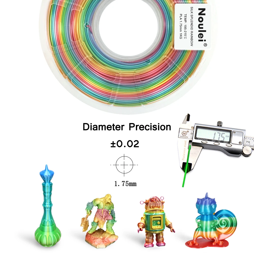 Noulei 3D принтер нить PLA шелк 1,75 мм 1 кг Радужная многоцветная шелковистая блестящая постепенно меняющая цвет печатные материалы