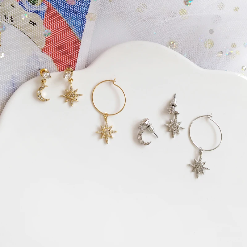 

Metal texture simple personality sun moon shape student earrings For Women