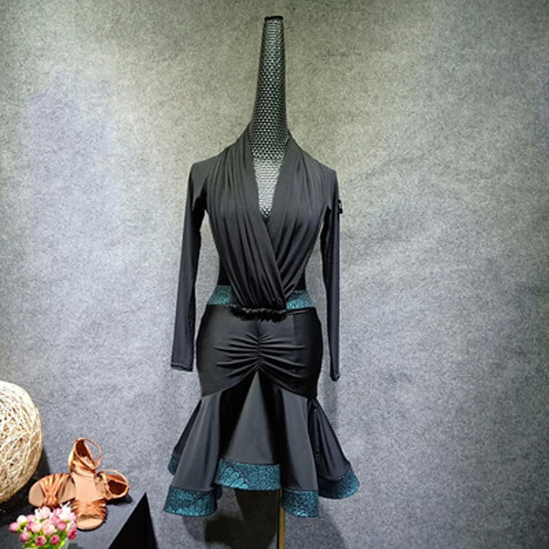 

New Latin Dance Dress Women Black Lace Tango Ballroom Flamengo Salsa Practice Performance Latin Dance Stage Costumes BL1338
