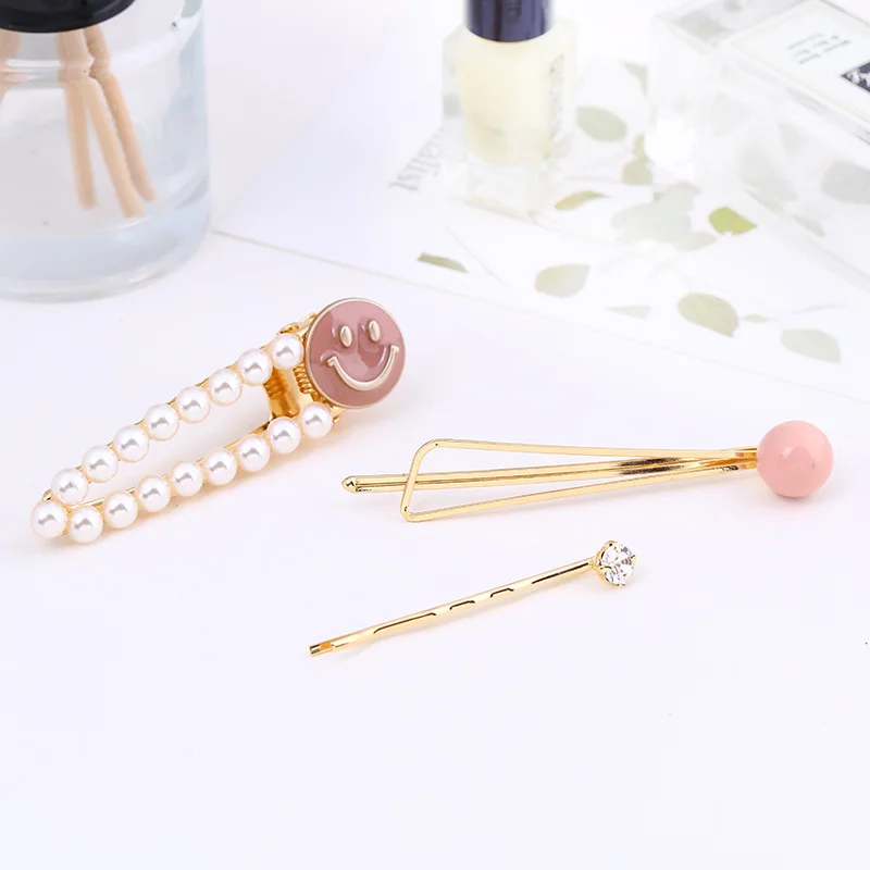 

3 Pcs/set Korean New Exquisite Fashion Female Headwear Metal Texture Smiley Face Imitation Pearl Hairpins Women Hair Accessories