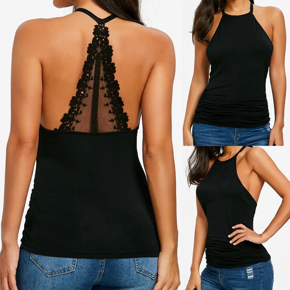 

2019 Women Ladies Spring Summer Casual Lace Solid T-Shirt Sleeveless Turtleneck Vest Tank Tops Blouse