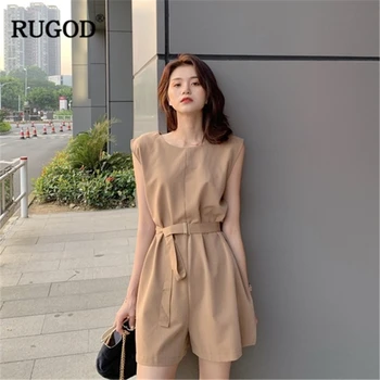 

RUGOD 2019 New Women Solid Loose Sleeveless Playsuits With Sash O-neck Tank Straight Short Rompers Temperament Casual Stylish