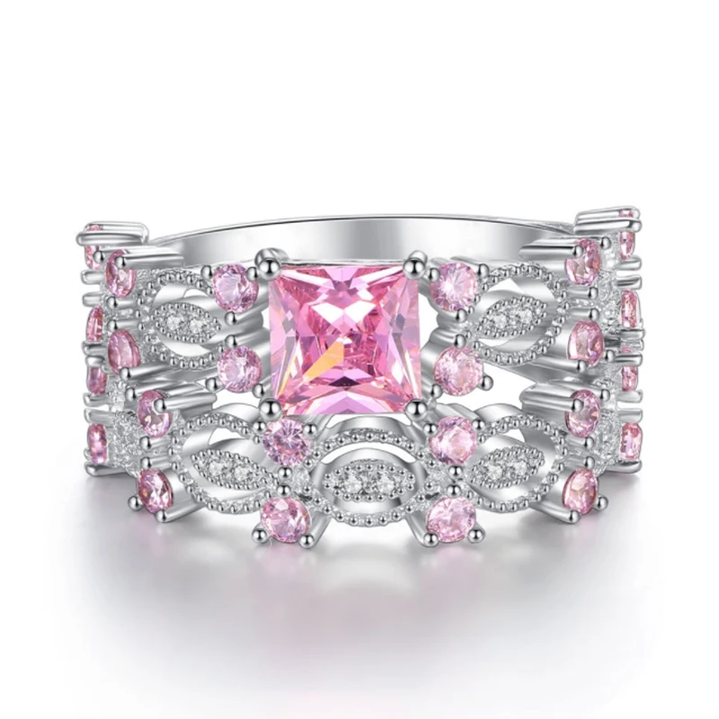 

Pink Square CZ Engagement Wedding Ring Set Top quality Silver color princess Rings Women Girls Wedding Promise Bridal Jewelry