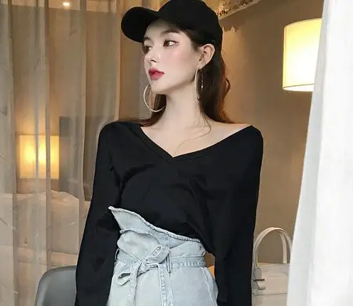 Woherb летний комплект из двух предметов, женская одежда, футболка с длинным рукавом+ джинсовые юбки с высокой талией, корейский модный костюм, Ensemble Femme 21654 - Цвет: black t-shirt