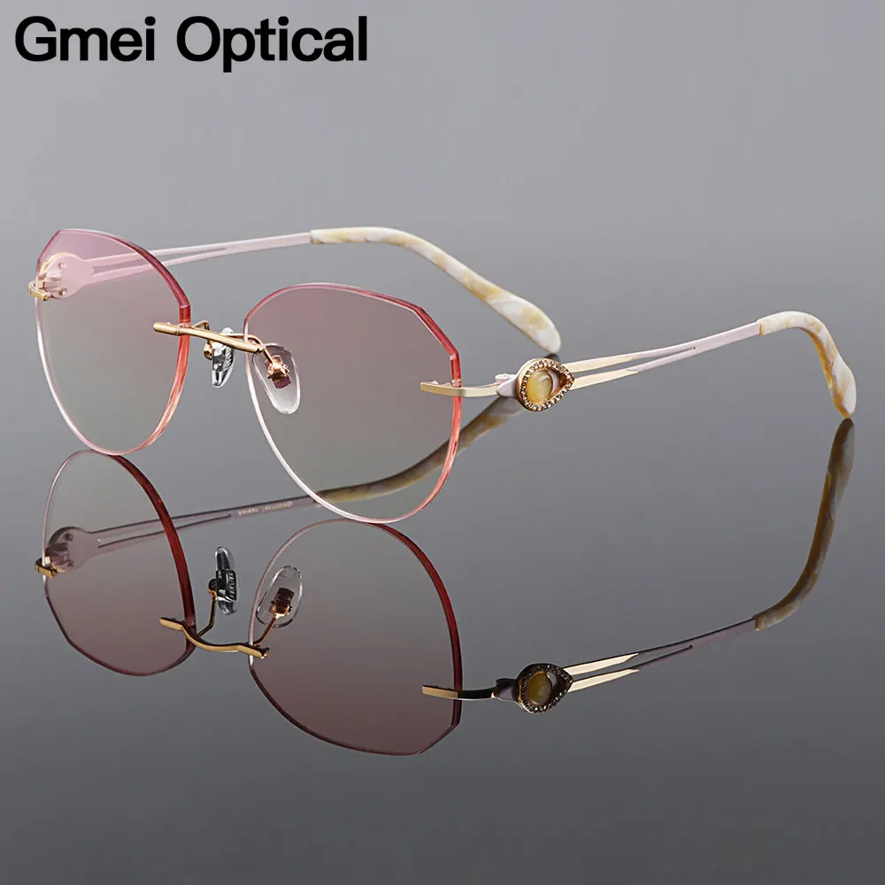 

Gmei Optical Stylish Golden Titanium Alloy Women Rimless Glasses Frame Gradient Brown Tinted Plano Lenses Coloured Border Q90037