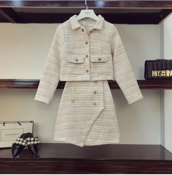 Des En Veste Et Haute 2018 rose Dames Pièces Gris Deux Taille Longues Jupe Femmes Automne À Manches Manteau Court Mode Ensemble Laine Nouvelle D'hiver ppA7nX