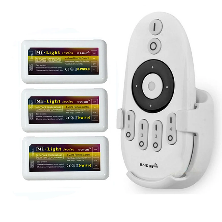 

1x Mi.Light 2.4G RF Remote With Bracket + 3x 4-Zone Dimmable Controller for Single Color 5730 5050 3528 LED Strip