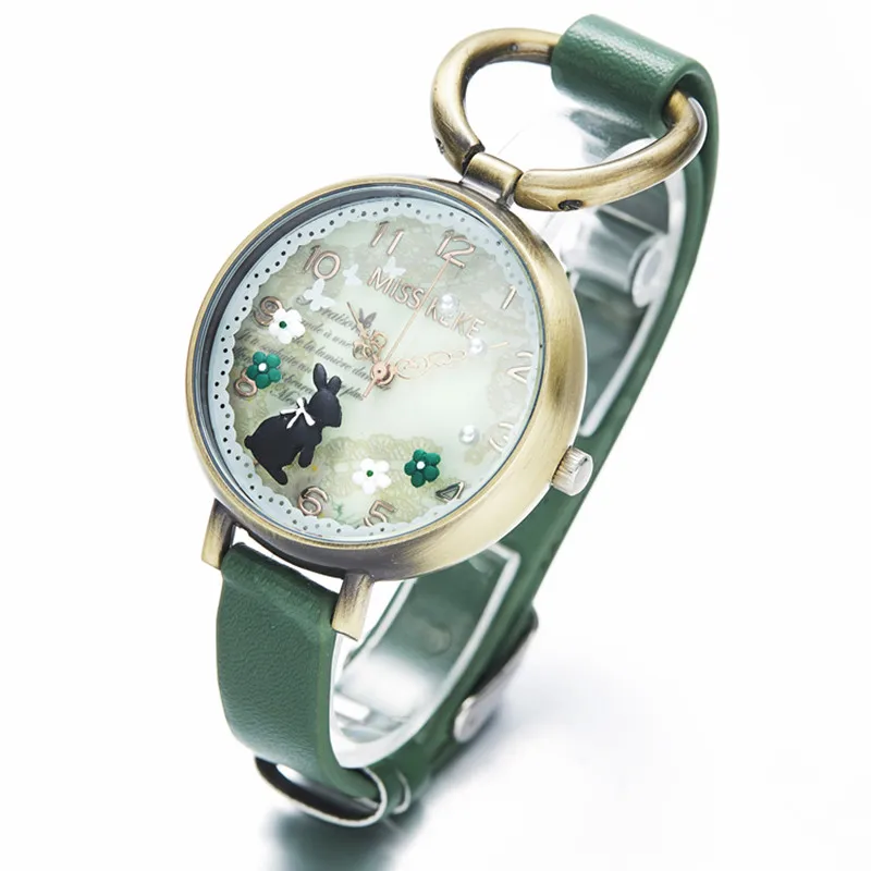 Miss Keke Clay Cute Vintage Retro Rabbit Clock Gold Women Watch Ladies Woman High Quality Leather Rope Quartz Wristwatches 926