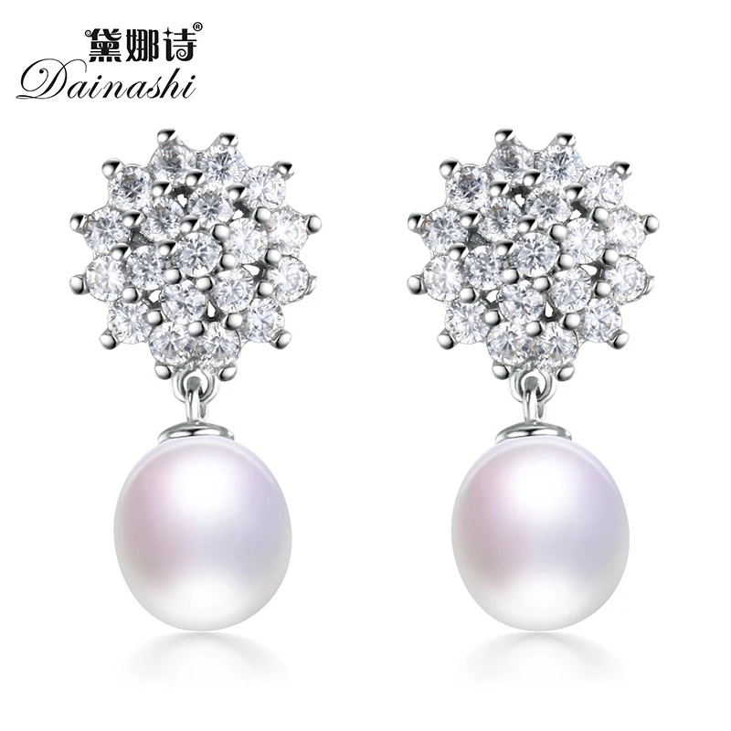 

Summer Vocation AAA Zircon Snowflake Women Earring, 8-9MM Genuine Freshwater Pearl,Fine Jewelry Earrings for Women,Best Gift