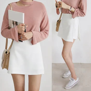 

2019 White S summer skirt shorts fake two-piece split skirt trousers a word Fake Two Pieces High Waist Solid Color A Line Skirt