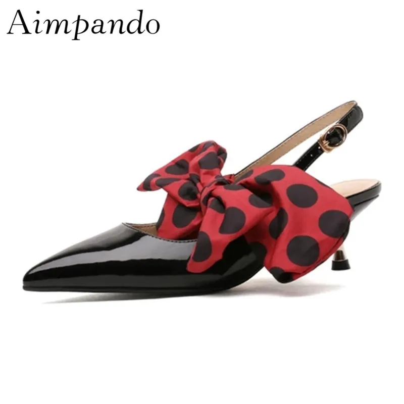 

Sexy Polka Dot Butterfly-knot Gladiator Sandals Women Metal Spike Heel Pointed Toe Back Strap Shiny Patent Leather Summer Shoes
