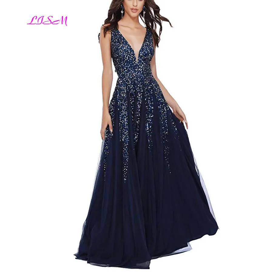 

LISM Sexy Deep V Neck Sequins Prom Dresses Tulle A Line Backless Evening Formal Gowns Long Straps Party Dress vestidos de gala