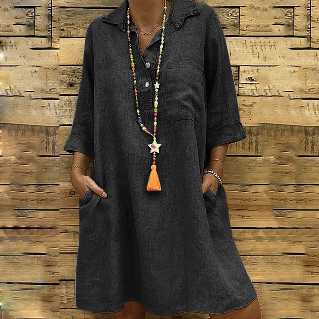 Autumn Womens dresses Pocket Loose Dress Ladies Crew Neck