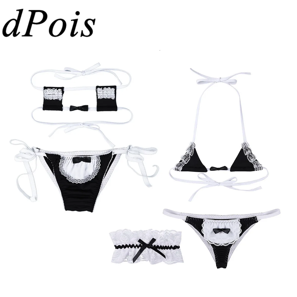 

2Pcs Mini Maid Anime Lolita Lingerie Set Women Triangle Lace-up Bra & G Strings Thongs Bikini Briefs Sexy Hot Erotic Underwear