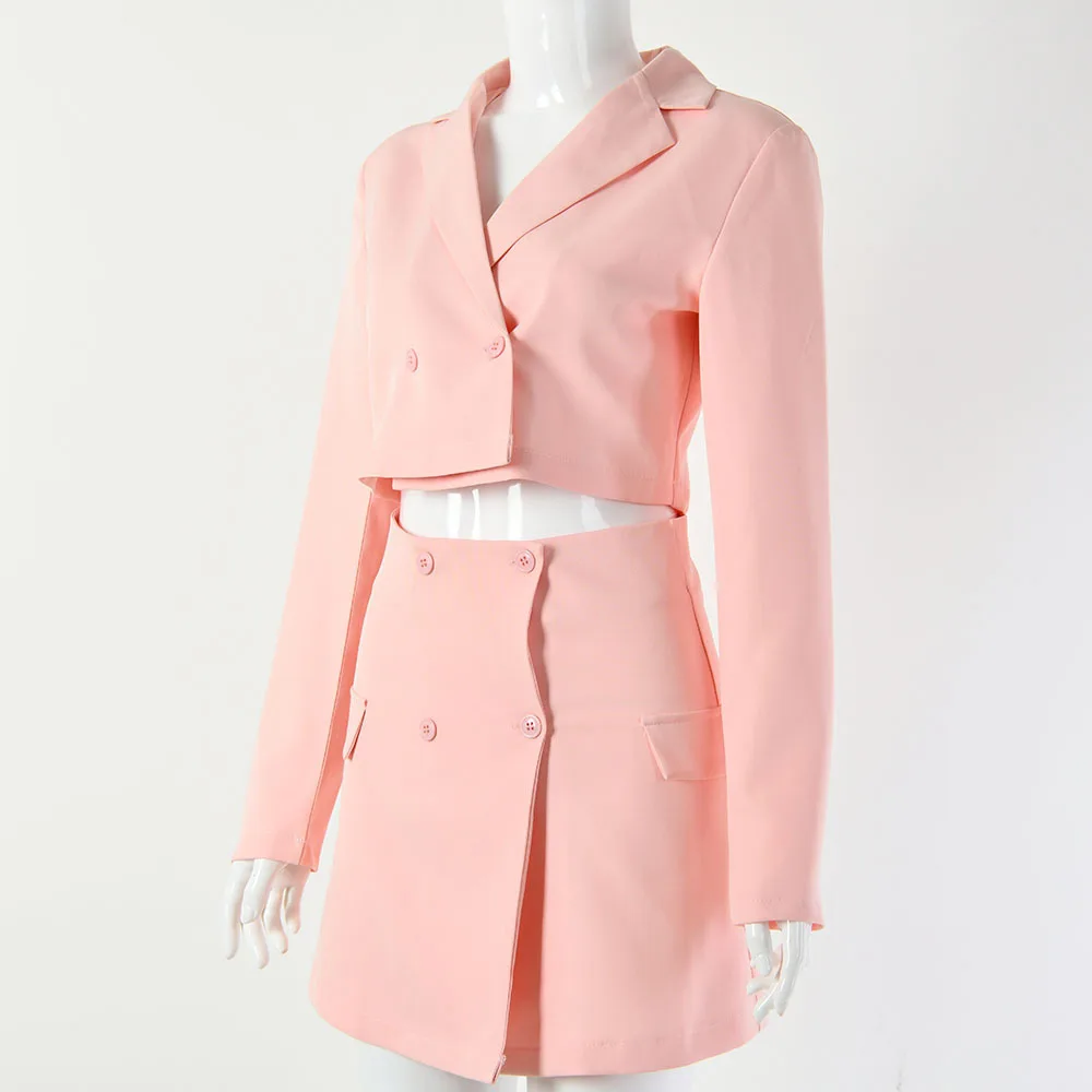 PFFLOOK, летний розовый женский костюм с юбкой,, для работы, OL, на пуговицах, с карманом, для девушек, комплект из двух частей, однотонный Блейзер, юбка и короткий блейзер для женщин