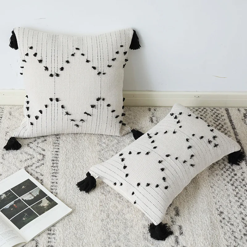 

DUNXDECO Cushion Cover Decorative Pillow Case Modern Simple Geometric Cut Flora White Black Tassels Sofa Chair Coussin