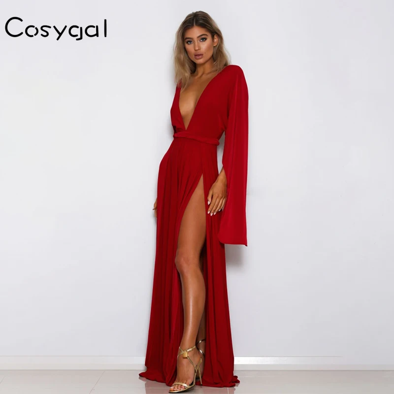 

COSYGAL V Neck Solid Long Dress Women Sexy Side Split Long Sleeve High Waist Dresses 2018 Autumn Casual Female Night Dress