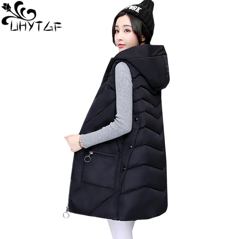 

UHYTGF New Plus size Winter Vest Lady sleeveless Hooded long Waistcoat Parker Down Cotton Warm Vest Outerwear Women Autumn 1052