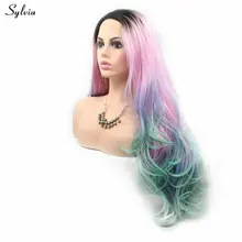 Sylvia, цвет радуги, парики, темные корни, розовый, синий, зеленый, парик, волнистые волосы, синтетический парик на кружеве для женщин, косплей, боковая часть
