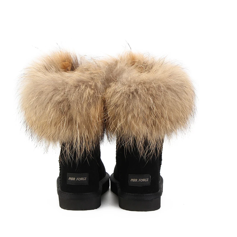 MBR FORCE Fashion Women's Natural Real fox Fur Snow Boots Genuine Cow Leather women Boots Female Warm Winter Boots Shoes