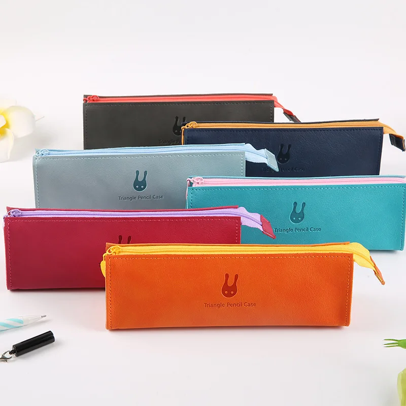 

1pc Small fresh student pencil bag simple solid color stationery bag creative triangle leather small pen case school supplies