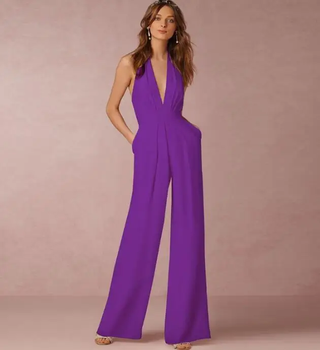 Белый сексуальный комбинезон с лямкой на шее и карманами, длинные элегантные комбинезоны с открытой спиной для свадебной вечеринки, женские черные Осенние Комбинезоны - Цвет: Фиолетовый