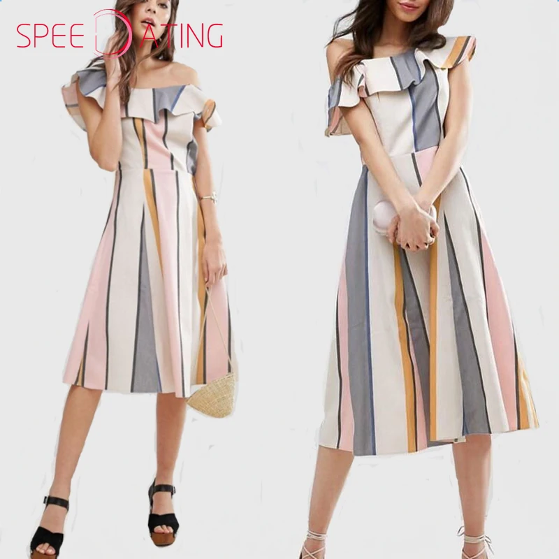 Modern One Shoulder Skater Dresses Flounce Color Block Vertical Striped